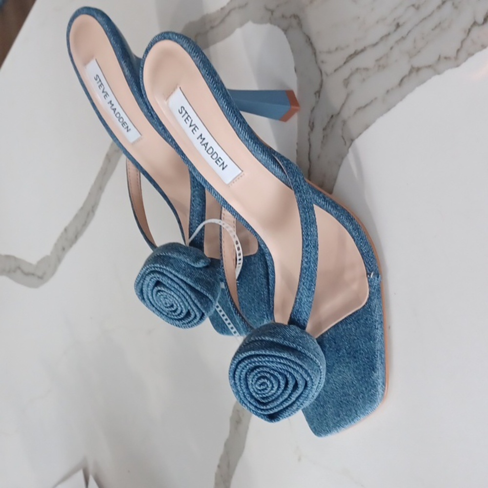 Steve Madden Womens JANNIE Denim Open toe Kitten heel Slip-on Heels Shoes NWT 8